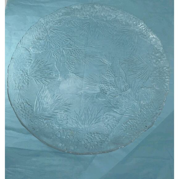 Vintage Holiday Glass Platter Pine Cones Bows Evergreens Clear 12" Diameter - Picture 1 of 3